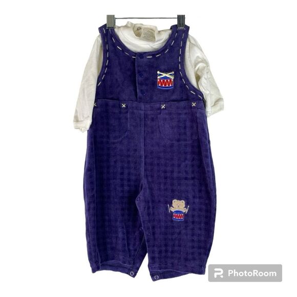 Bright Future Vintage 2 Piece Baby Clothes Snap Buttons Embroidered Drummer Bear - Picture 1 of 7
